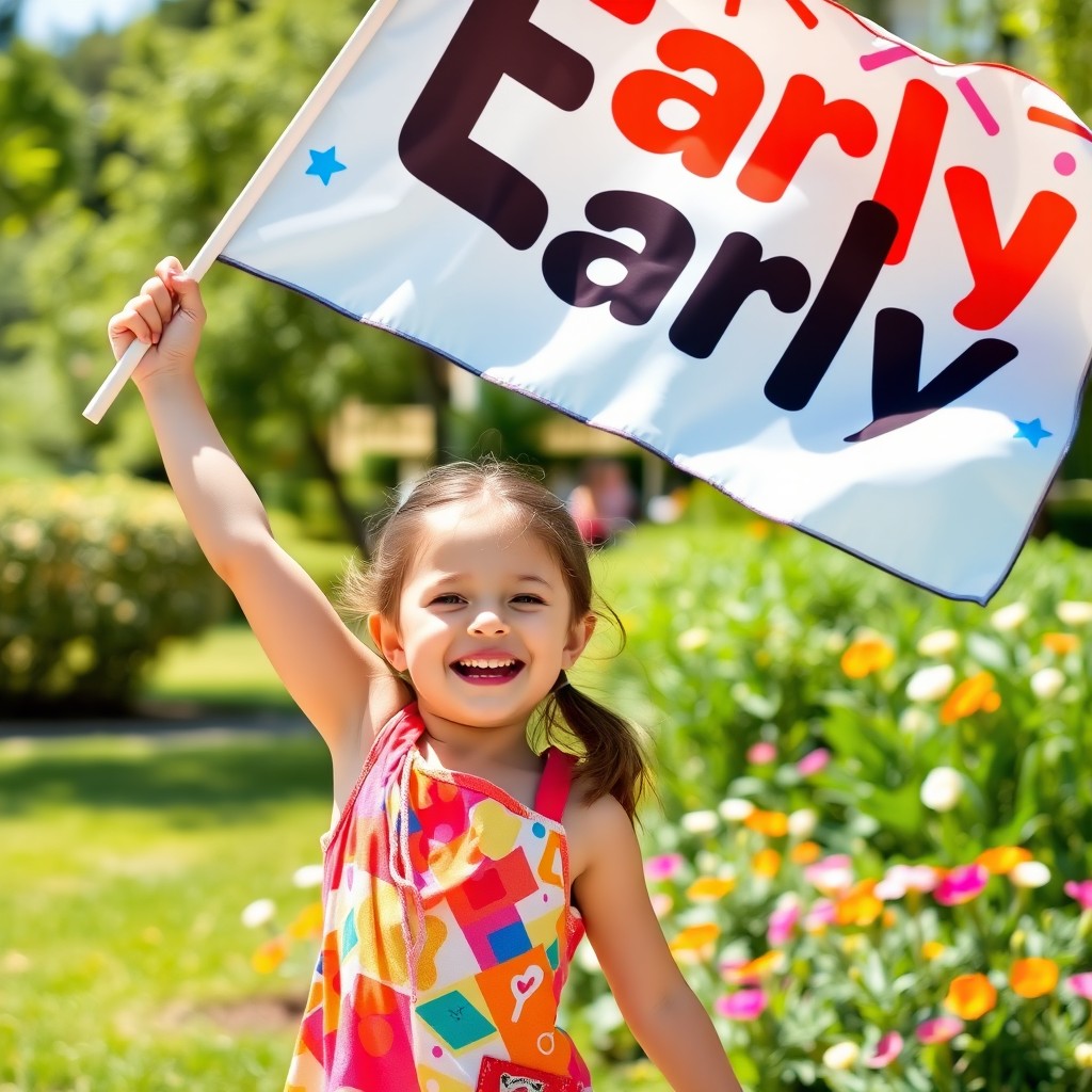 A young girl joyfully holding a vibrant flag high in the air
