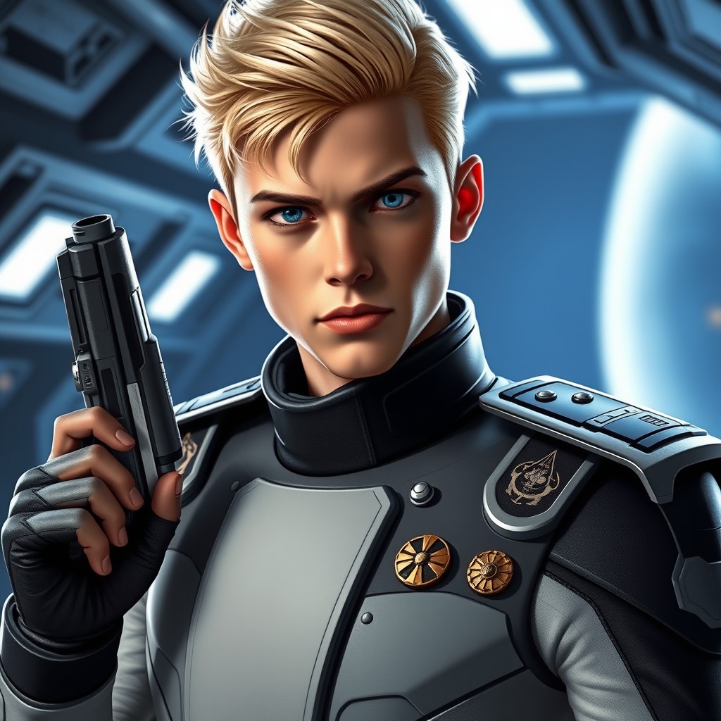 A young male imperial officer exuding authority, with a military-style blonde haircut and piercing blue eyes