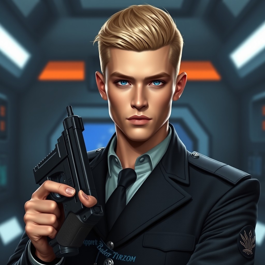 A young male imperial intelligence officer exuding confidence and authority, with a neat blonde military cut and striking blue eyes
