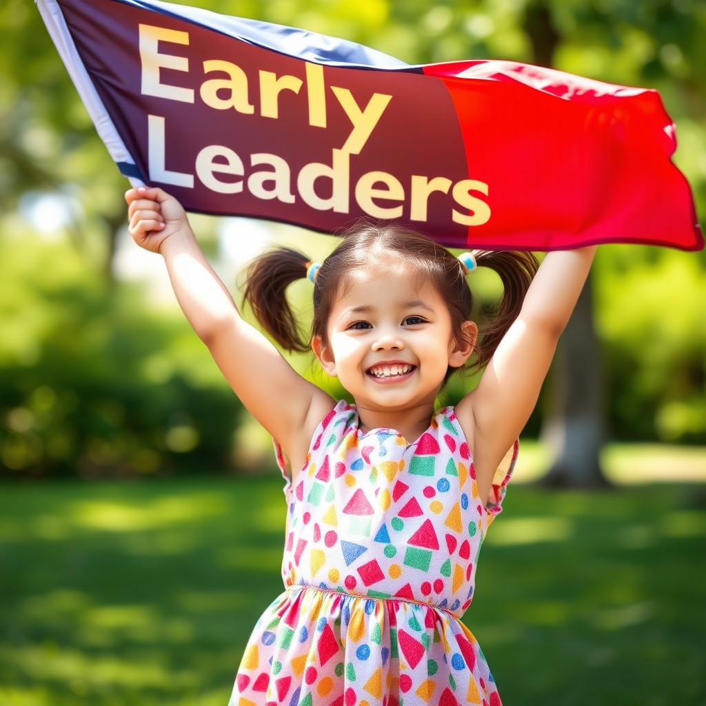A little girl joyfully holding a flag up in the air, the flag emblazoned with the words 'Early Leaders'