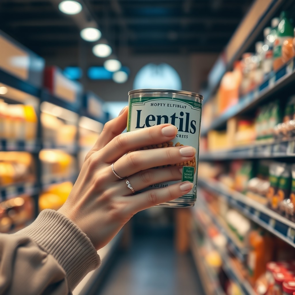 A close-up of a woman's blonde hand elegantly holding a can of lentils in a supermarket, with a focus on the label being read