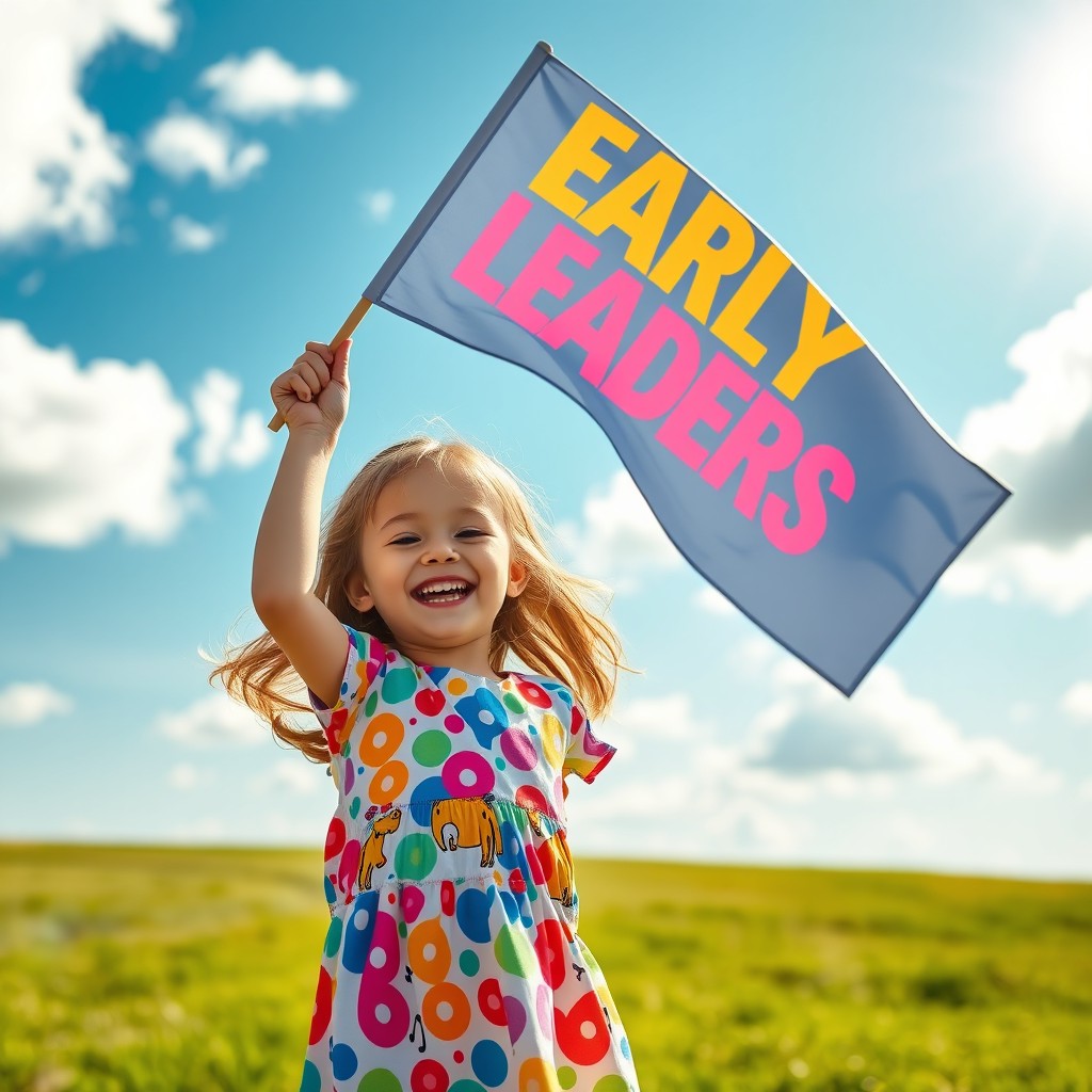 A young girl joyfully holding a flag aloft, the flag featuring the bold text 'Early Leaders' in bright colors