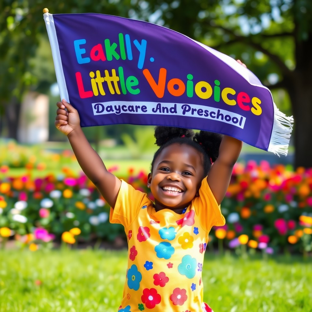 A joyful scene depicting a little black girl with a big smile, holding a colorful flag high in the air