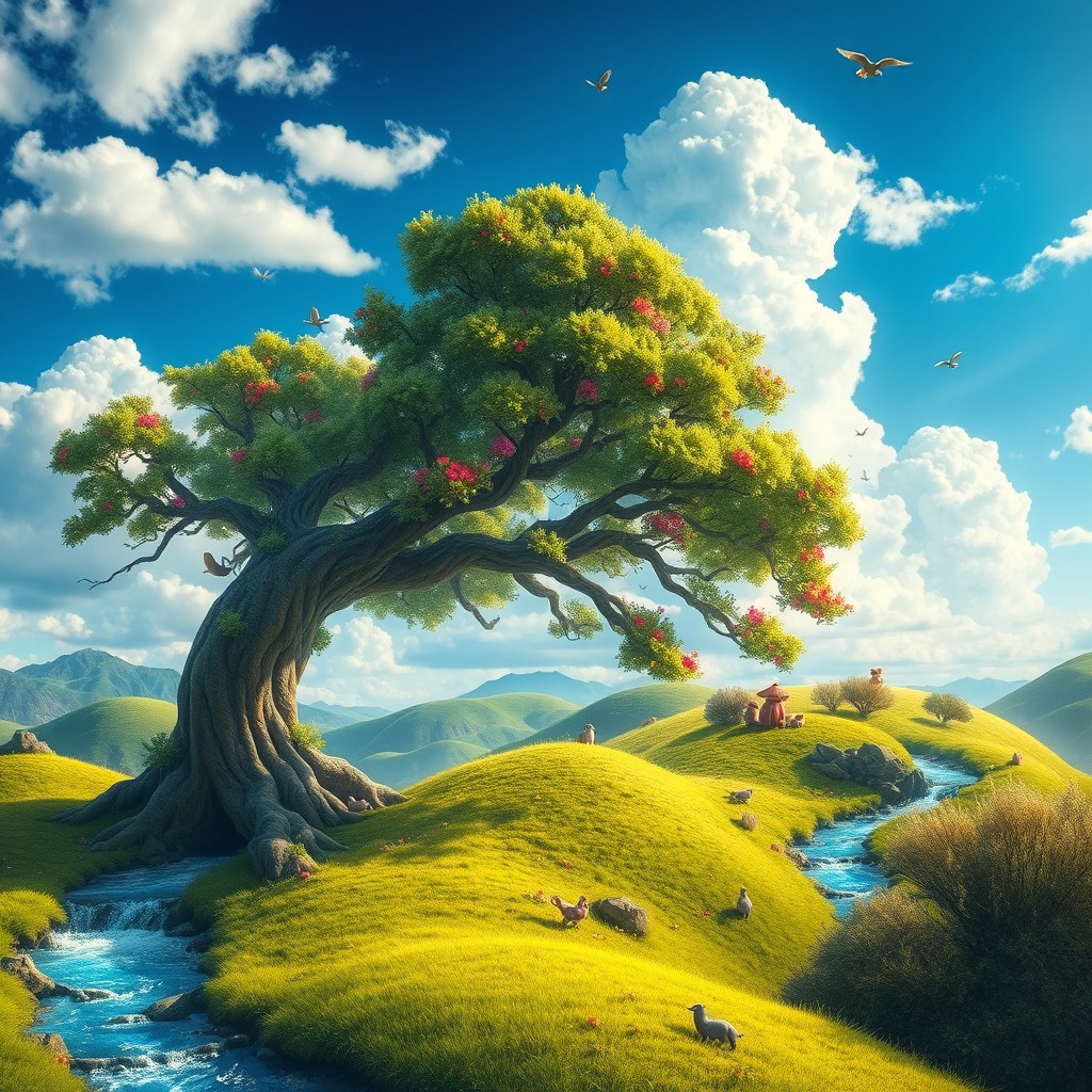 A vibrant, fantastical landscape featuring lush green hills under a bright blue sky with fluffy white clouds