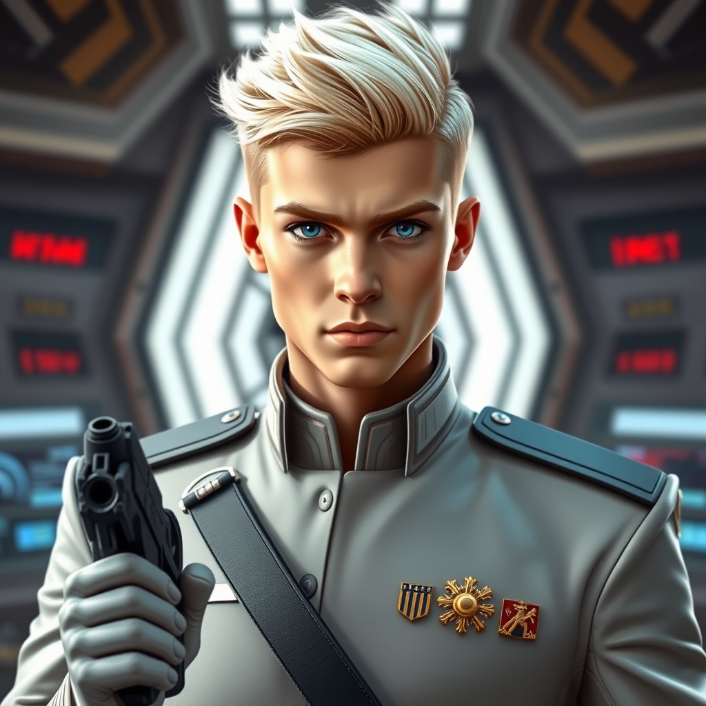 A young male imperial officer with a sharp blonde military cut and striking blue eyes, projecting a sense of authority and determination