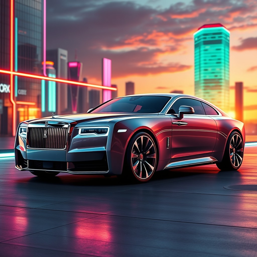A stunning new electric car design inspired by the Rolls-Royce Spectre, featuring a sleek, futuristic silhouette with smooth, flowing lines, a bold front grille, and elegant detailing