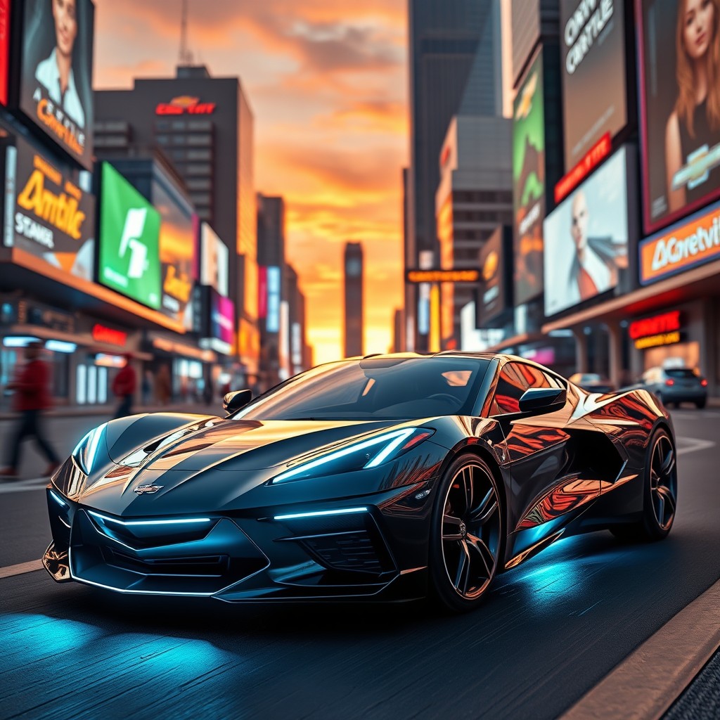 A visionary design of a new electric Chevrolet Corvette set in the year 2030, showcasing an aerodynamic and aggressive silhouette