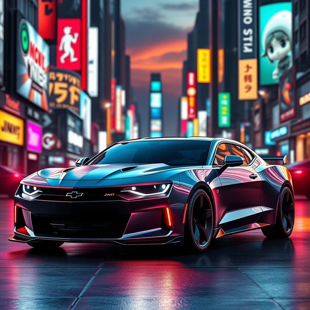 A striking new electric car design inspired by a Dodge Camaro, envisioned for the year 2030