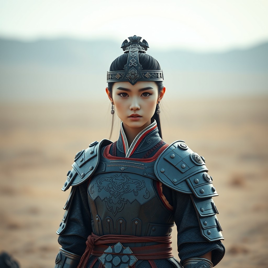 A cute Korean female warrior dressed in an intricately designed armored dress, standing confidently in a vast desert background
