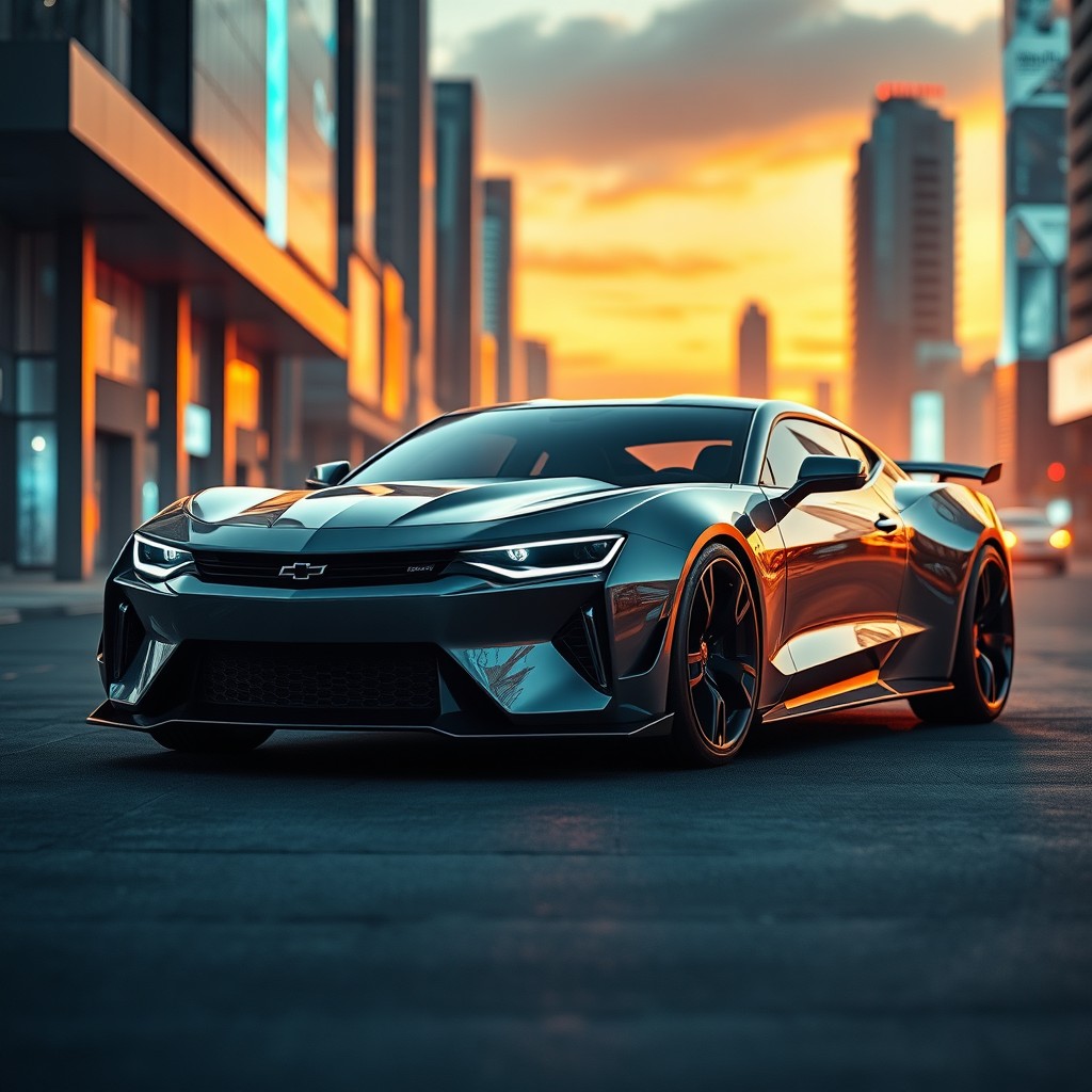 A visionary electric car design inspired by the Dodge Camaro, reimagined for the year 2030
