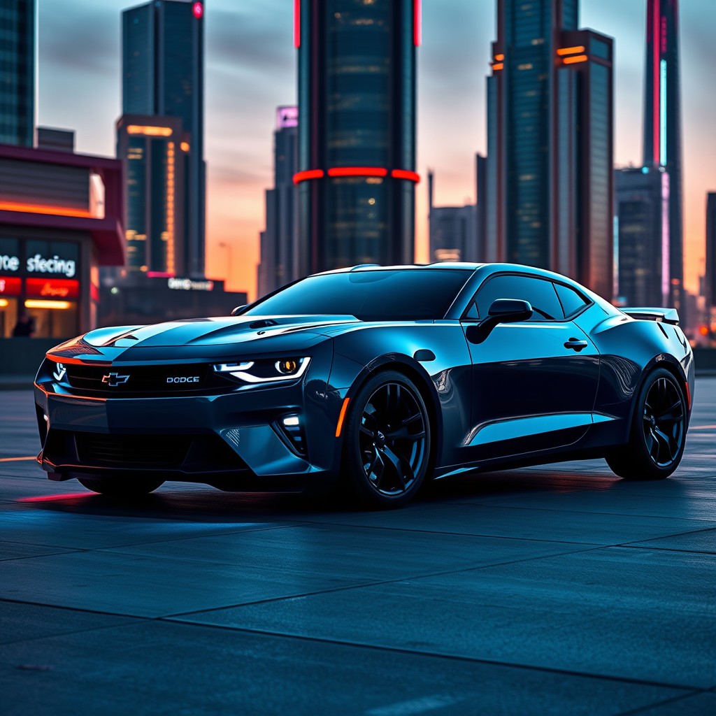 A futuristic Dodge Camaro model set in the year 2030, showcasing an aggressive yet sleek design