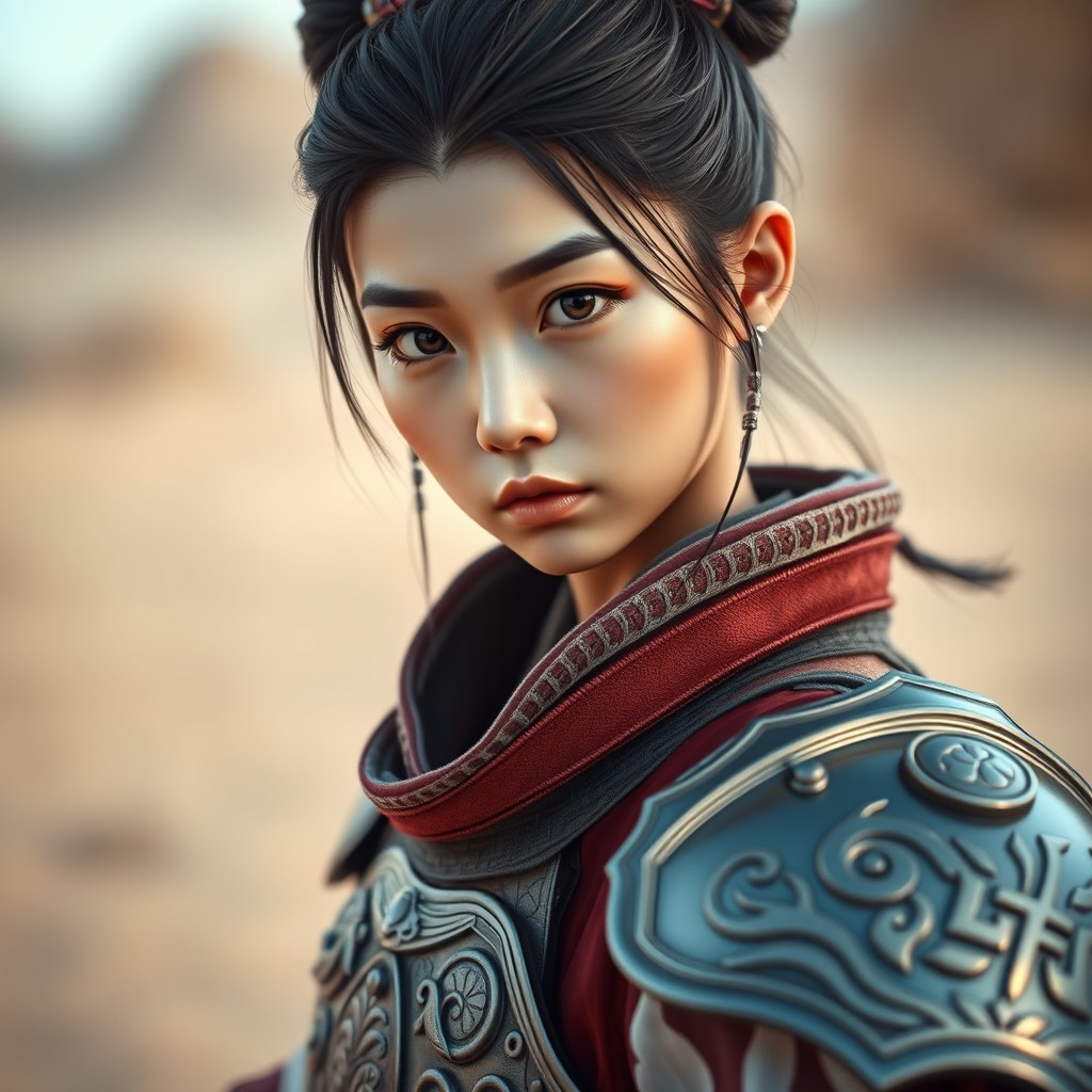 A cute Korean female warrior in a beautifully detailed armored dress, standing prominently in a desert background
