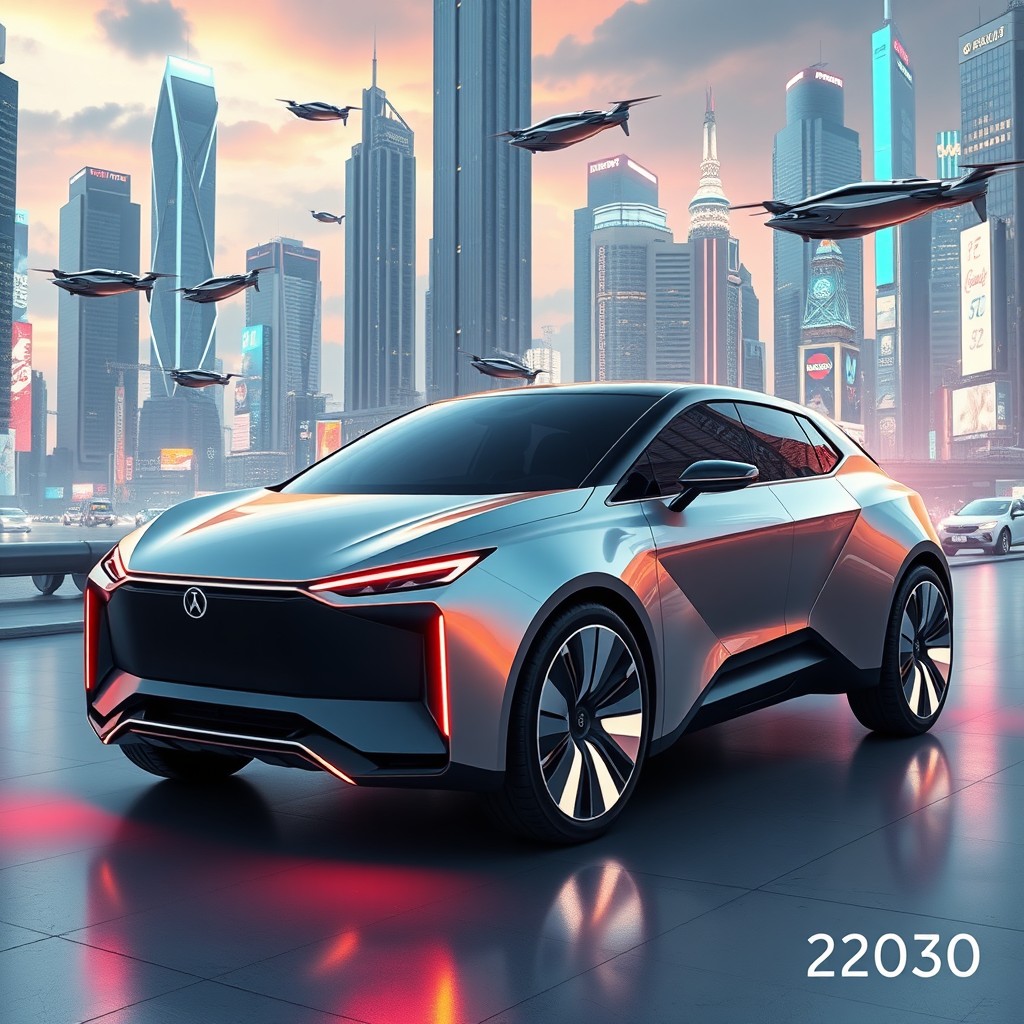 A futuristic Zeekr 001 model set in the year 2030, showcasing its stylish and innovative design