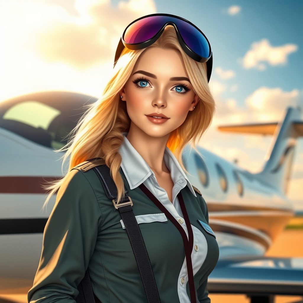A young female pilot with long blonde hair and bright blue eyes, wearing a stylish and modern pilot uniform