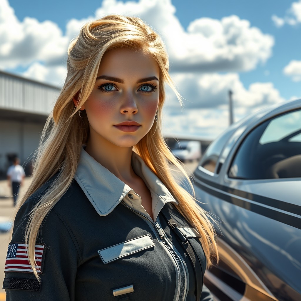 An incredibly realistic young female pilot with long blonde hair and striking blue eyes, wearing a modern and sleek pilot uniform