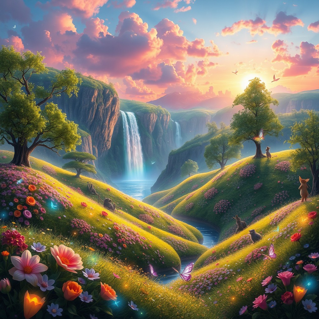 A stunning and enchanting fantasy landscape filled with vibrant colors and whimsical elements