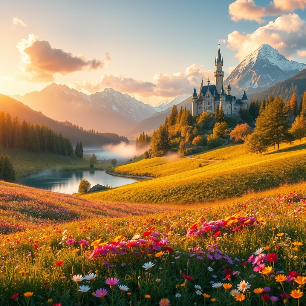 A stunningly beautiful magical landscape featuring lush rolling hills bathed in a golden sunset light, vibrant wildflowers of every color blanketing the ground, and a crystal-clear lake reflecting the sky like a mirror