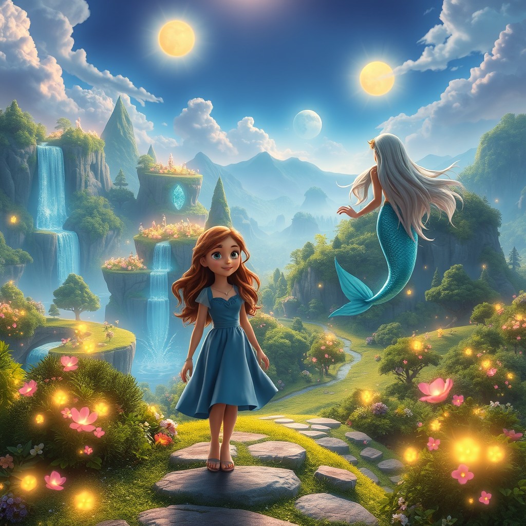 A stunningly beautiful, magical location that doesn't exist, depicted in the style of a 3D Disney animated movie, featuring glowing crystal waterfalls cascading into sparkling pools, floating islands teeming with vibrant green forests, and bioluminescent flowers illuminating the winding paths