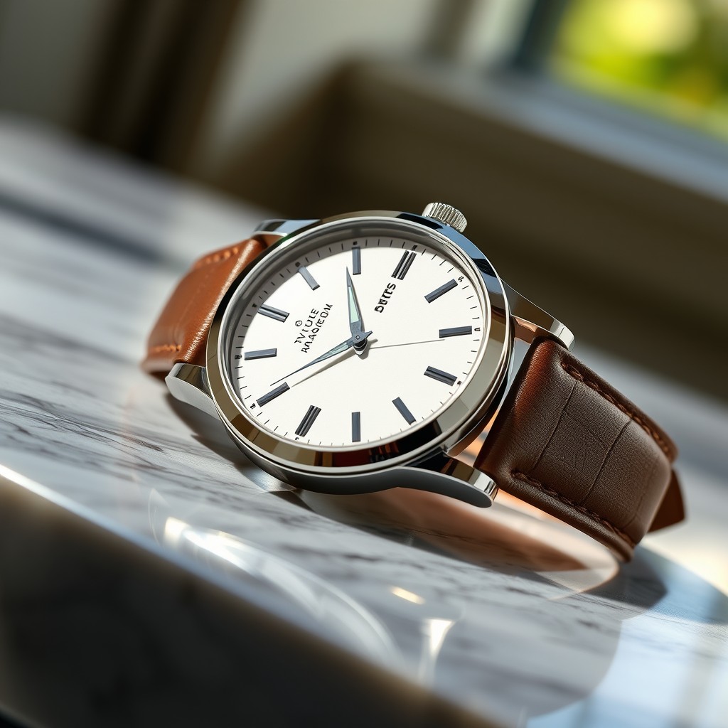 A stylish and elegant wristwatch displayed prominently on a marble surface, showcasing its intricate design and craftsmanship