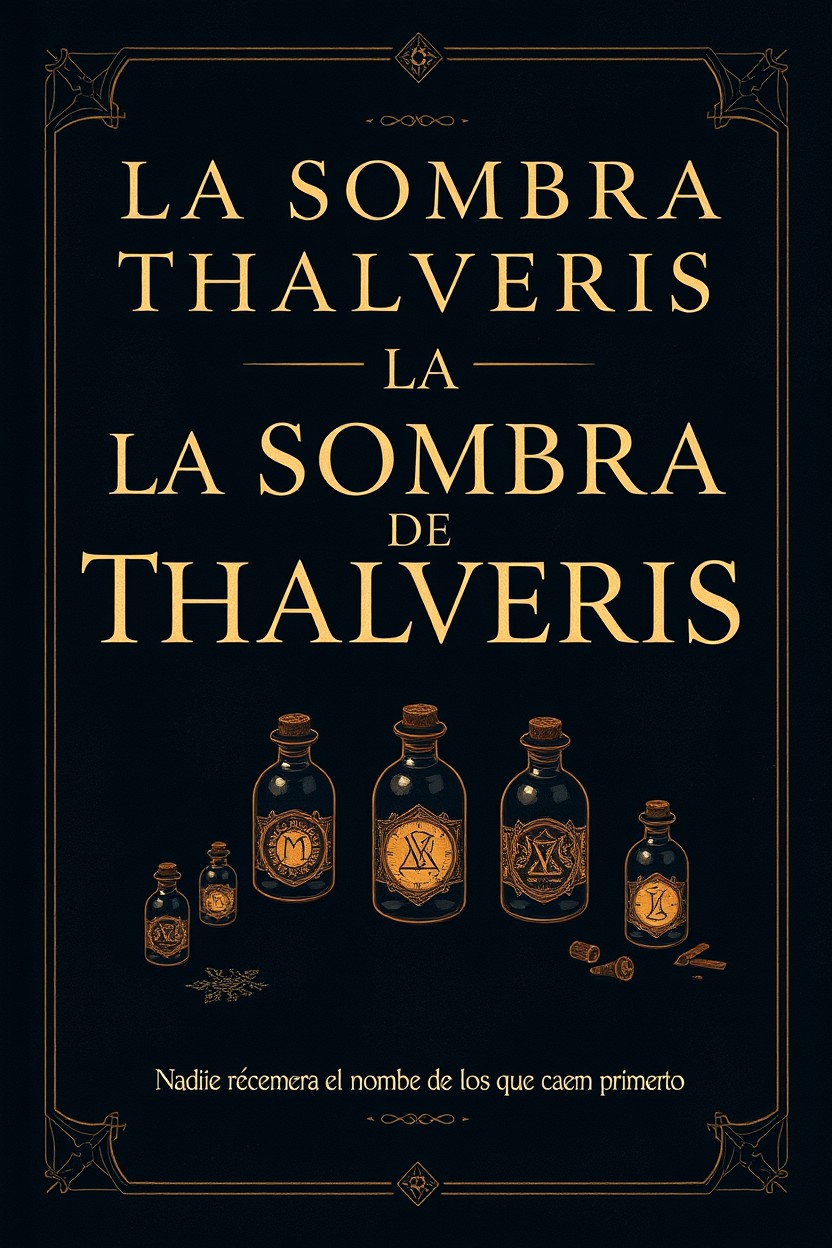 A striking book cover for 'La Sombra de Thalveris', featuring dark and minimalist design elements infused with rich symbolism