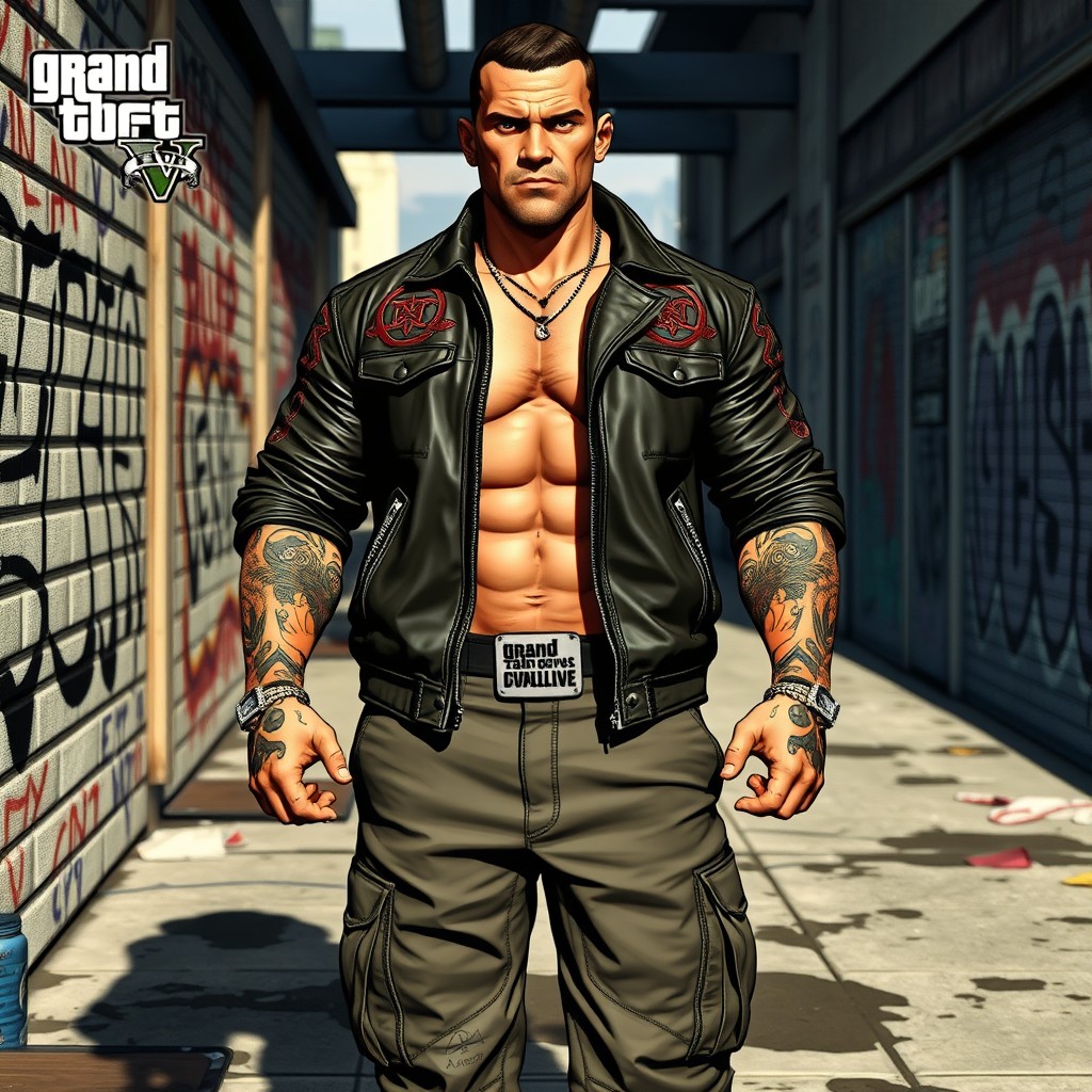 A muscular leader of a gang from Grand Theft Auto V (GTA 5), known for his commanding presence and tough demeanor