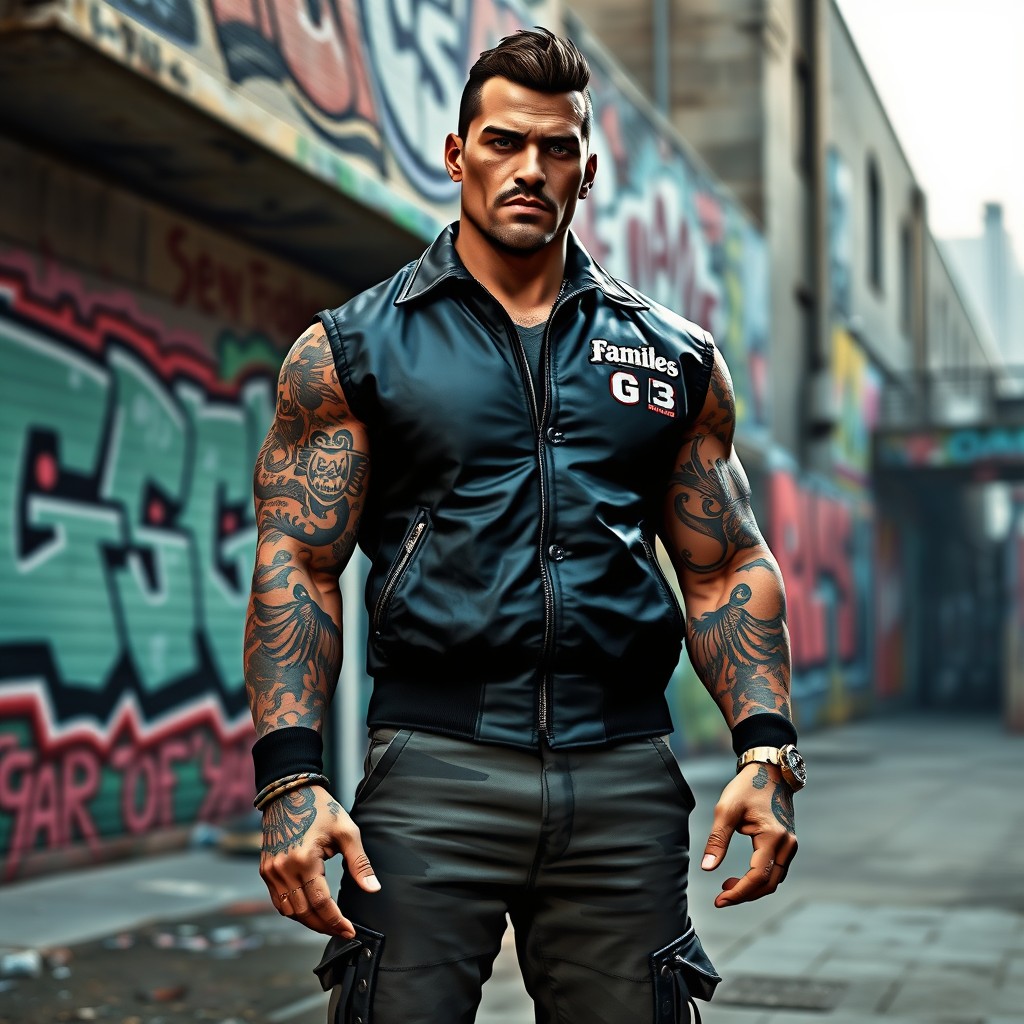 A muscular leader of the Families gang from Grand Theft Auto V (GTA 5), exuding charisma and authority