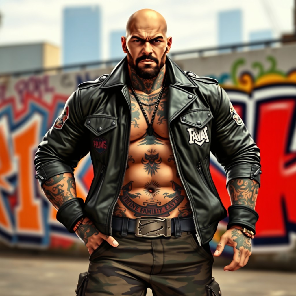 A powerful and muscular leader of the Families gang from Grand Theft Auto V (GTA 5), depicted in a bold and striking urban setting