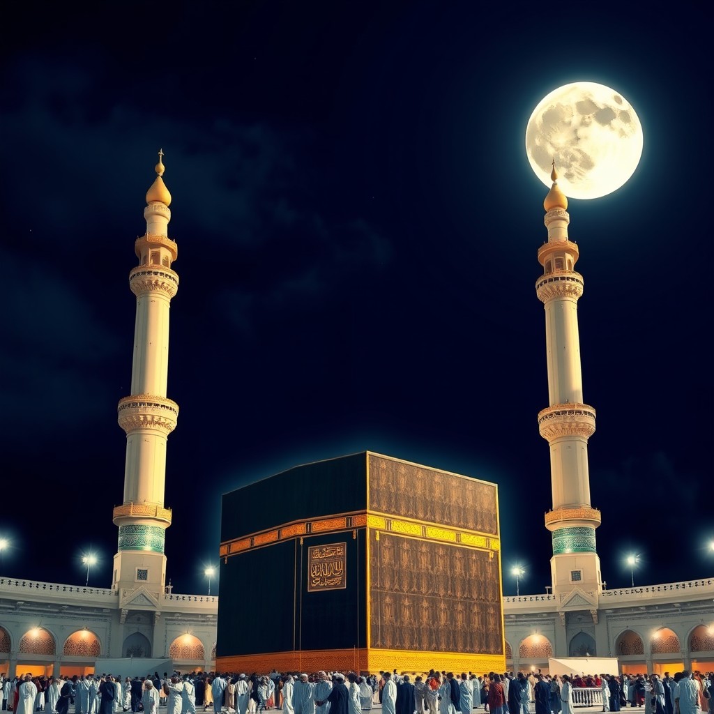 A beautiful depiction of the Kaaba, with two minarets elegantly flanking it against a night sky adorned with a bright, radiant moon