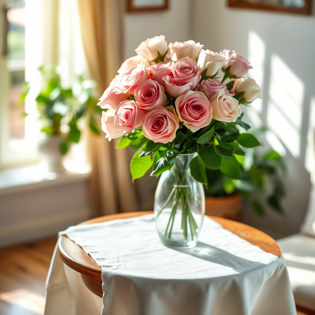 A small round wooden table covered with a fine white linen tablecloth