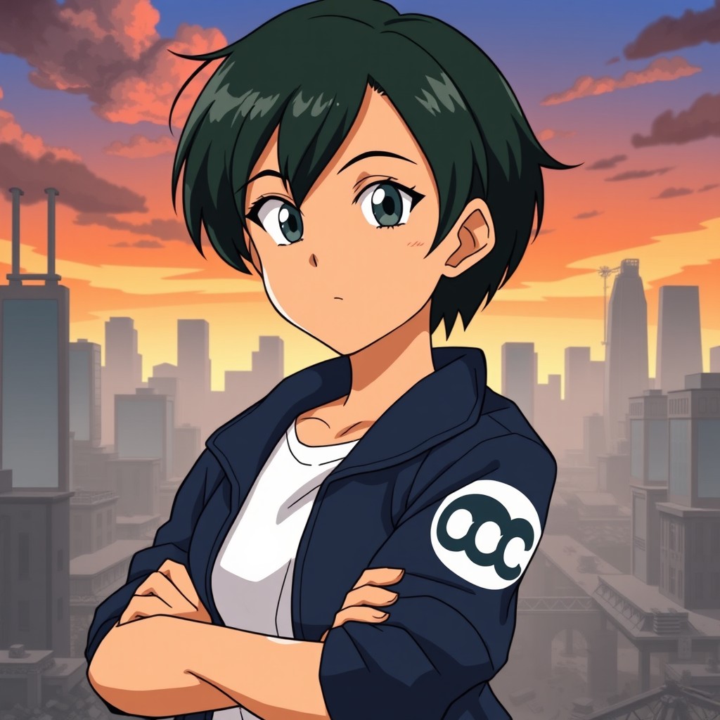 A beautiful girl with short dark green hair and light gray eyes, having a brown skin tone