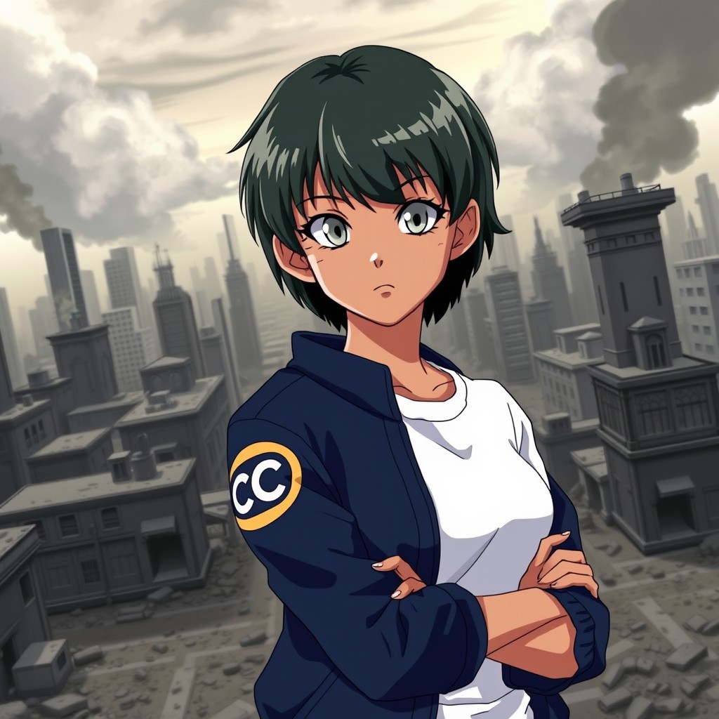 A beautiful girl with short dark green hair and light gray eyes, having a brown skin tone
