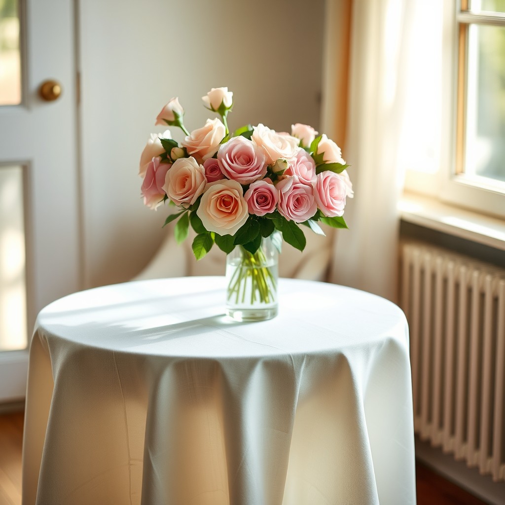 A small round wooden table covered with a fine white linen tablecloth, elegantly arranged