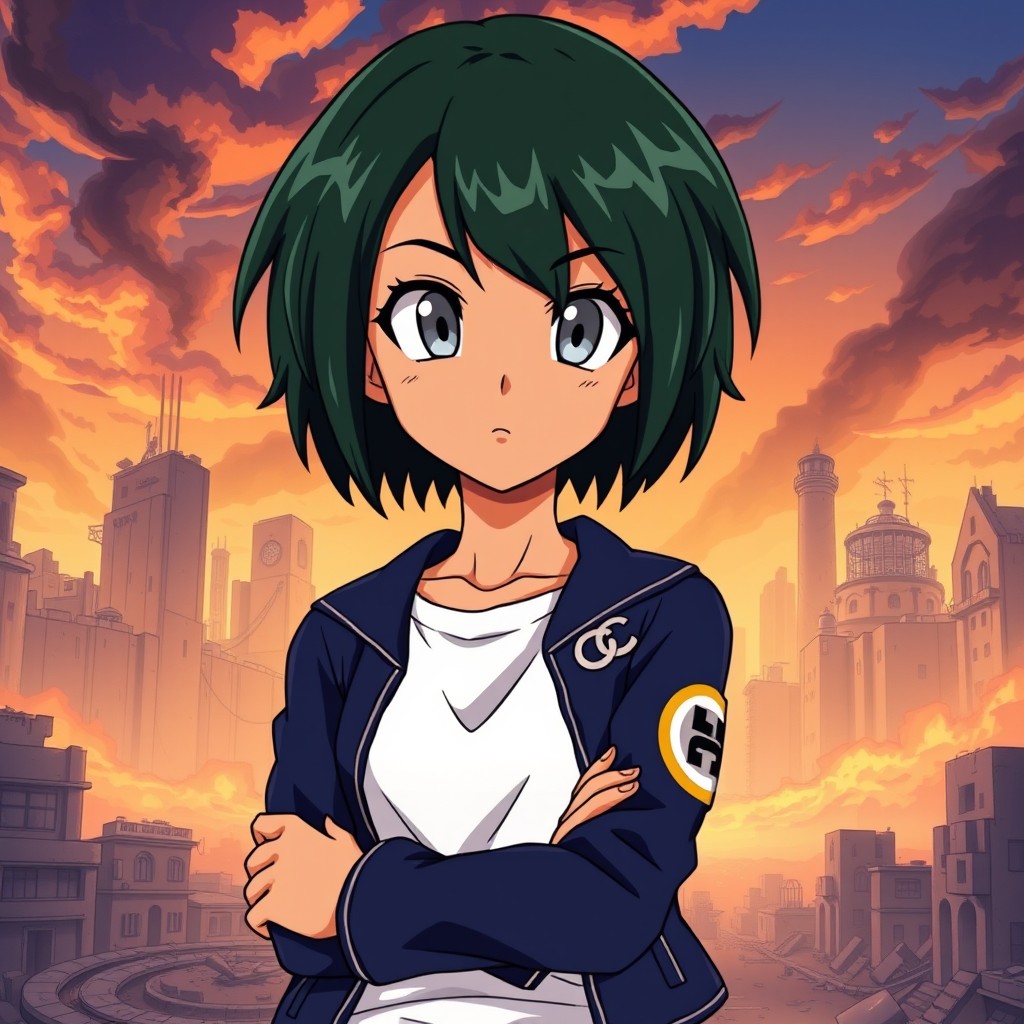 A beautiful girl with short dark green hair and light gray eyes, featuring a brown skin tone