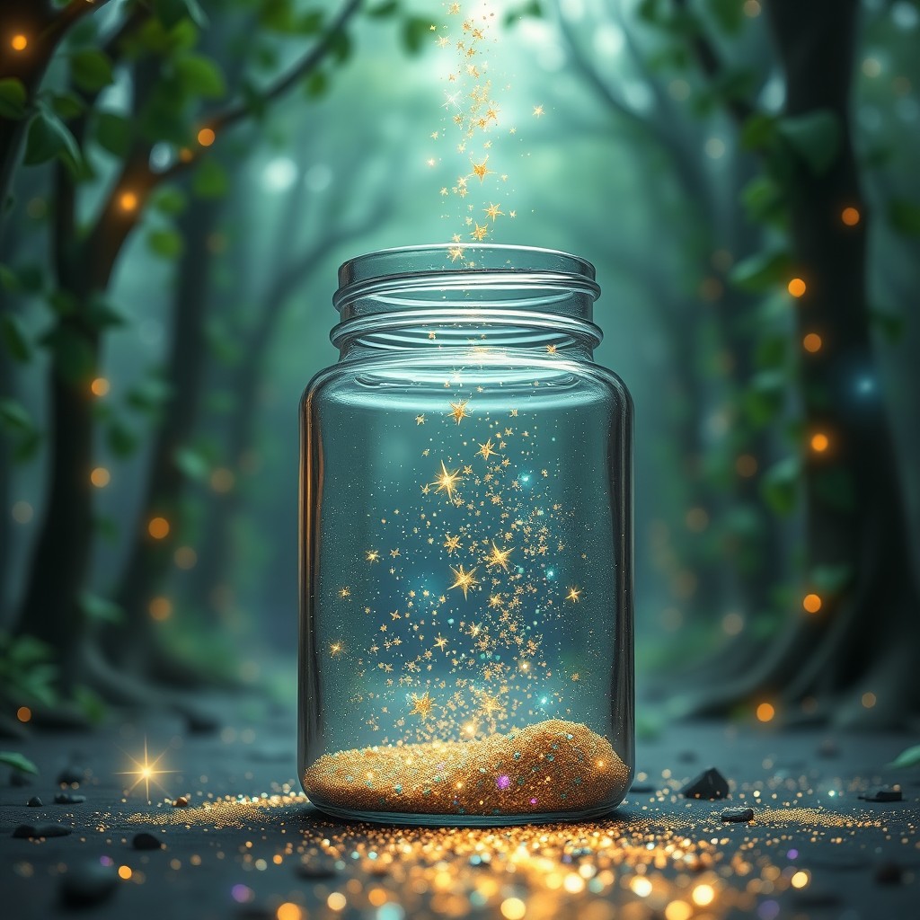 A wide-angle shot of a transparent glass jar, uncapped and filled with shimmering fairy dust and bright stars in emerald green, gold, blue, and purple tones