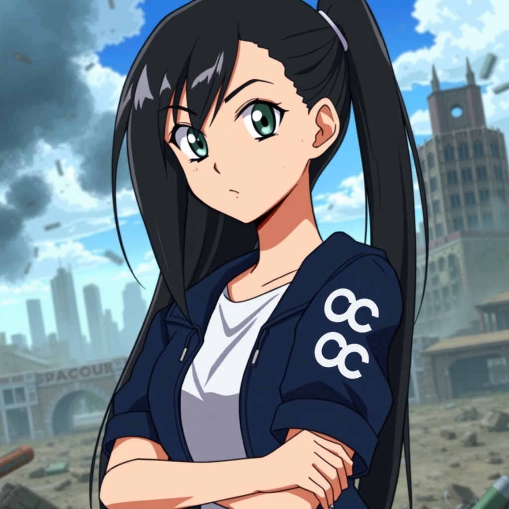 A beautiful girl with long black hair and light gray eyes, possessing a fair skin tone