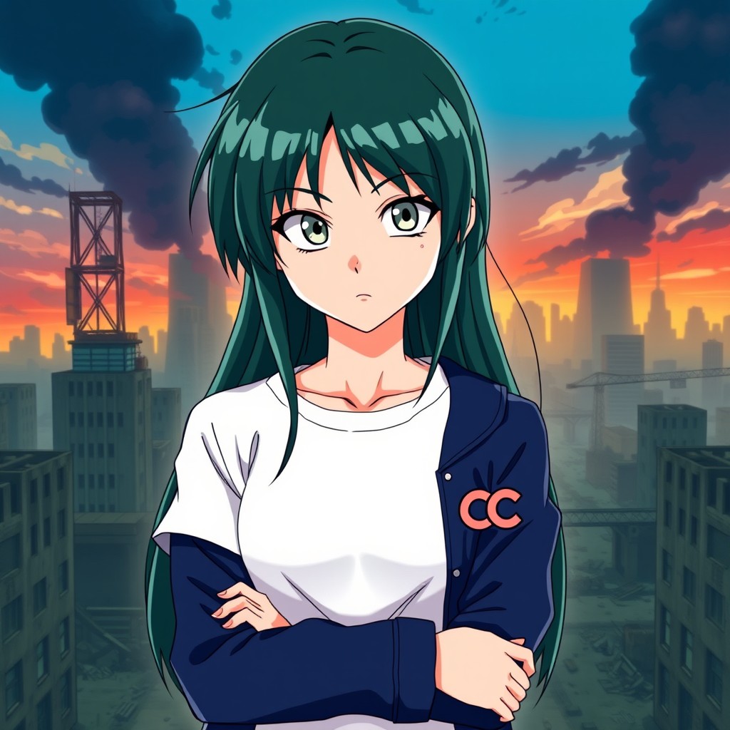 A beautiful girl with long dark green hair and light gray eyes, possessing a fair skin tone