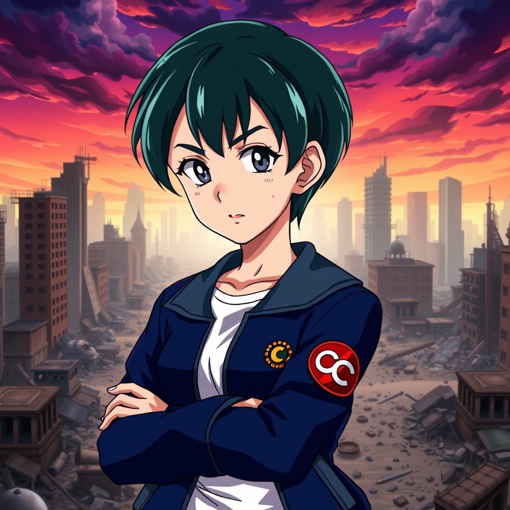 A beautiful girl with short dark green hair and light gray eyes, possessing a fair skin tone