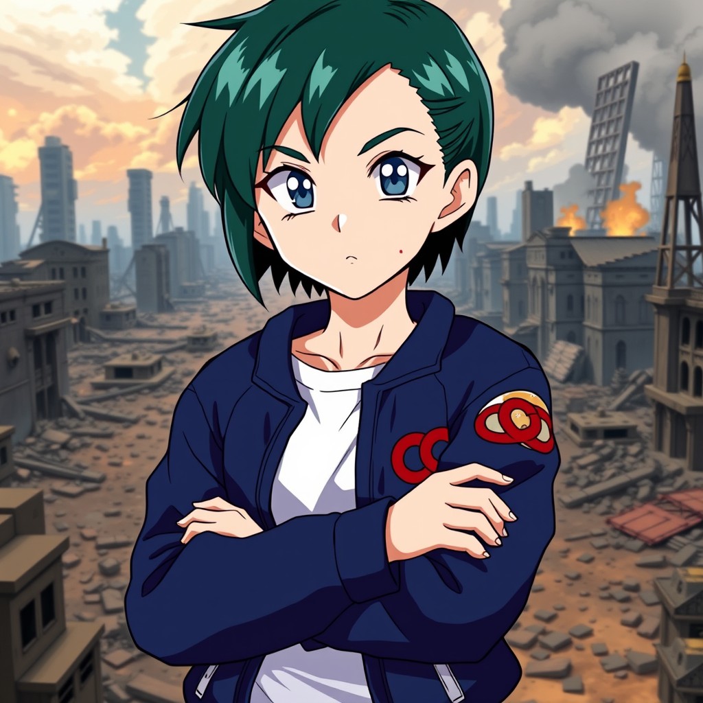 A beautiful girl with short dark green hair and light gray eyes, possessing a fair skin tone