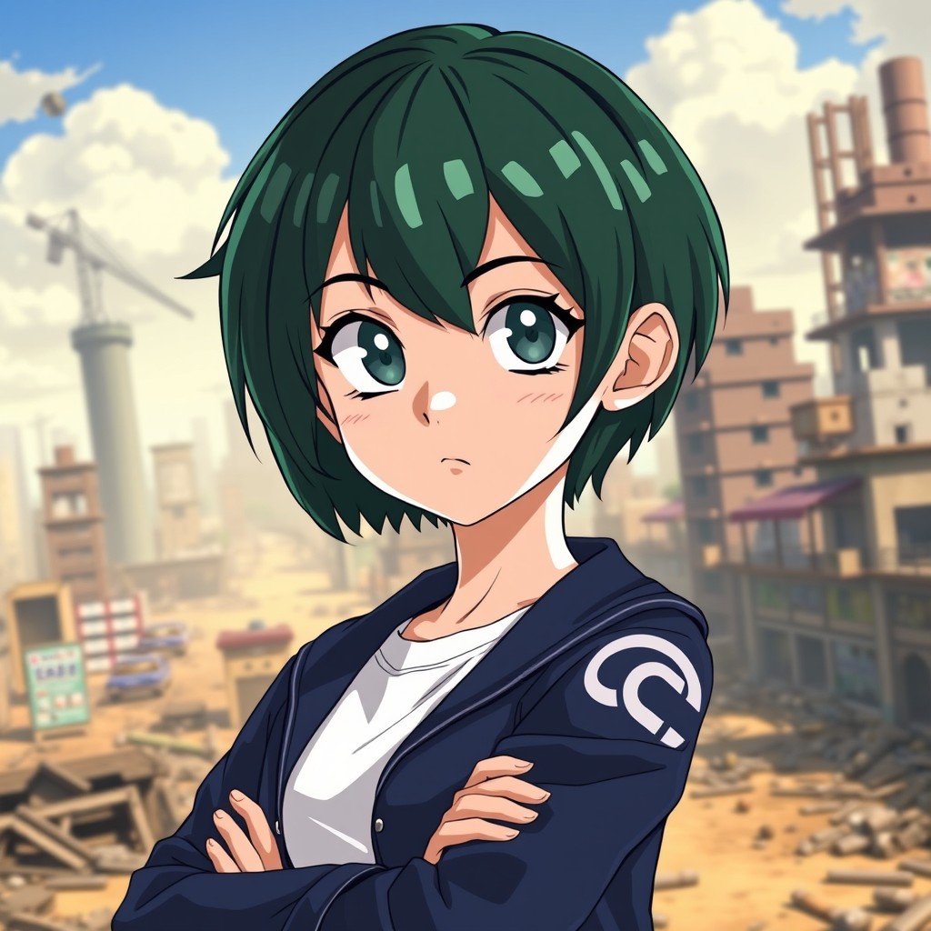 A beautiful girl with short dark green hair and light gray eyes, possessing a fair skin tone