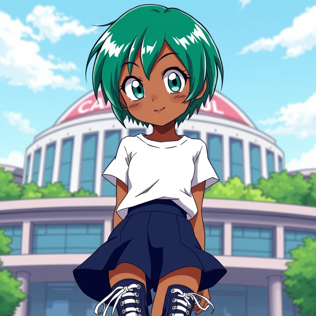 A beautiful girl with short emerald green hair and light gray eyes, possessing a dark skin tone