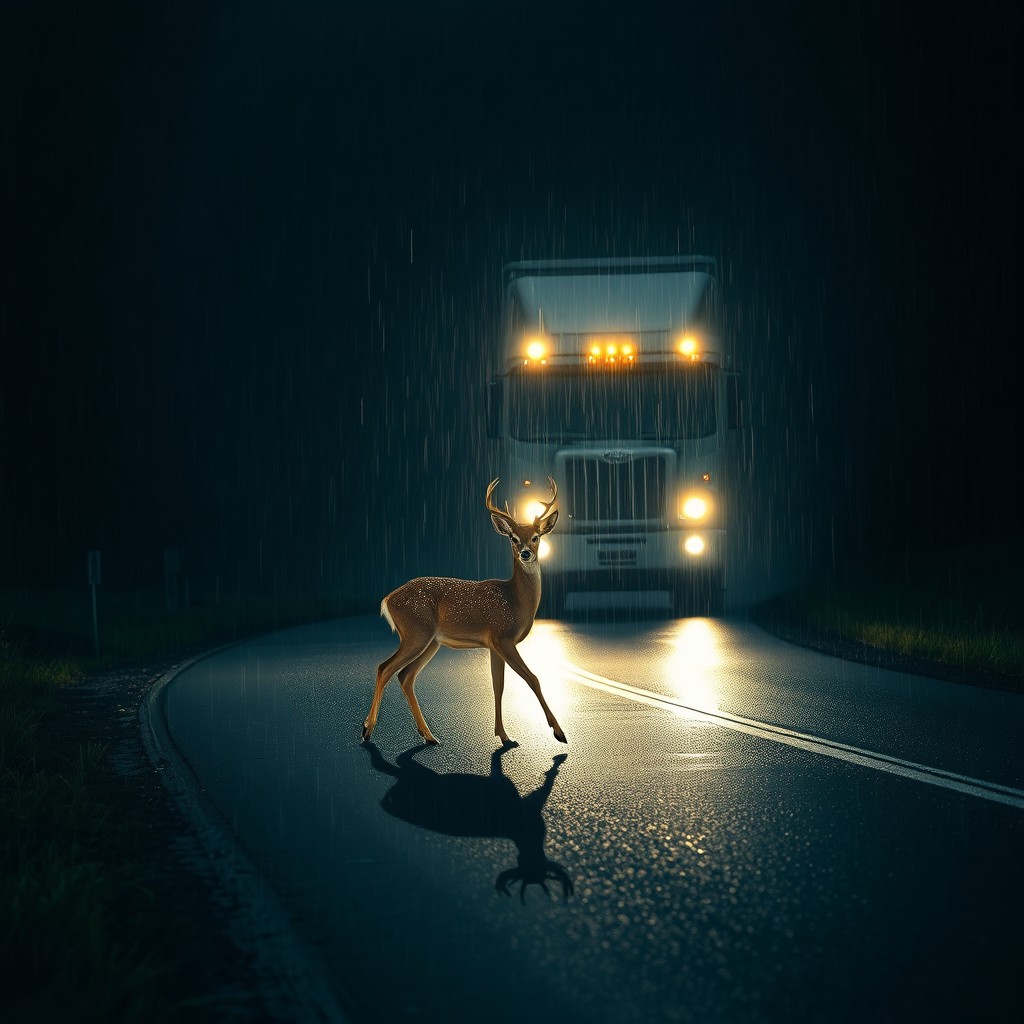 A late night scene featuring heavy rain pouring down in a dimly lit environment