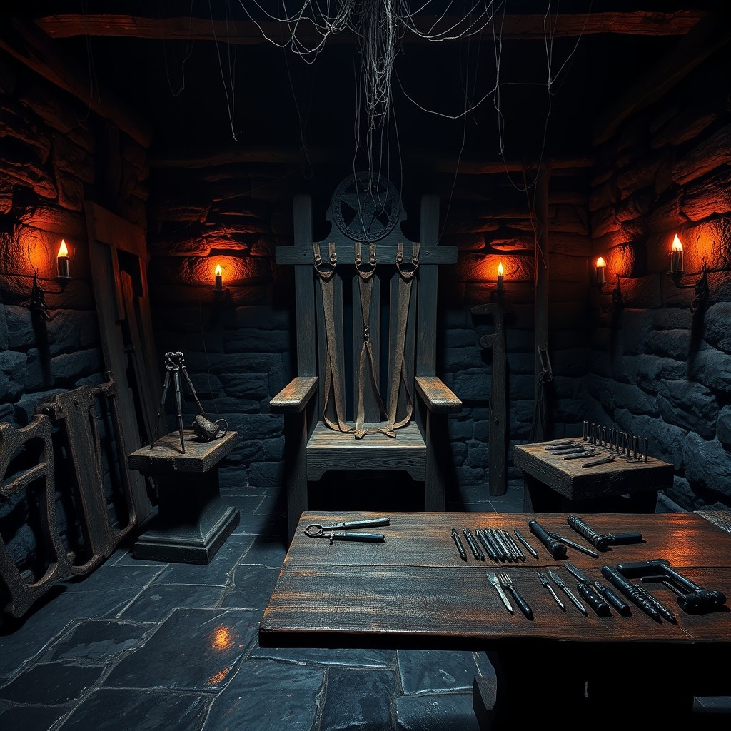A dark and eerie torture room designed with a medieval theme, featuring stone walls and flickering torches casting ominous shadows