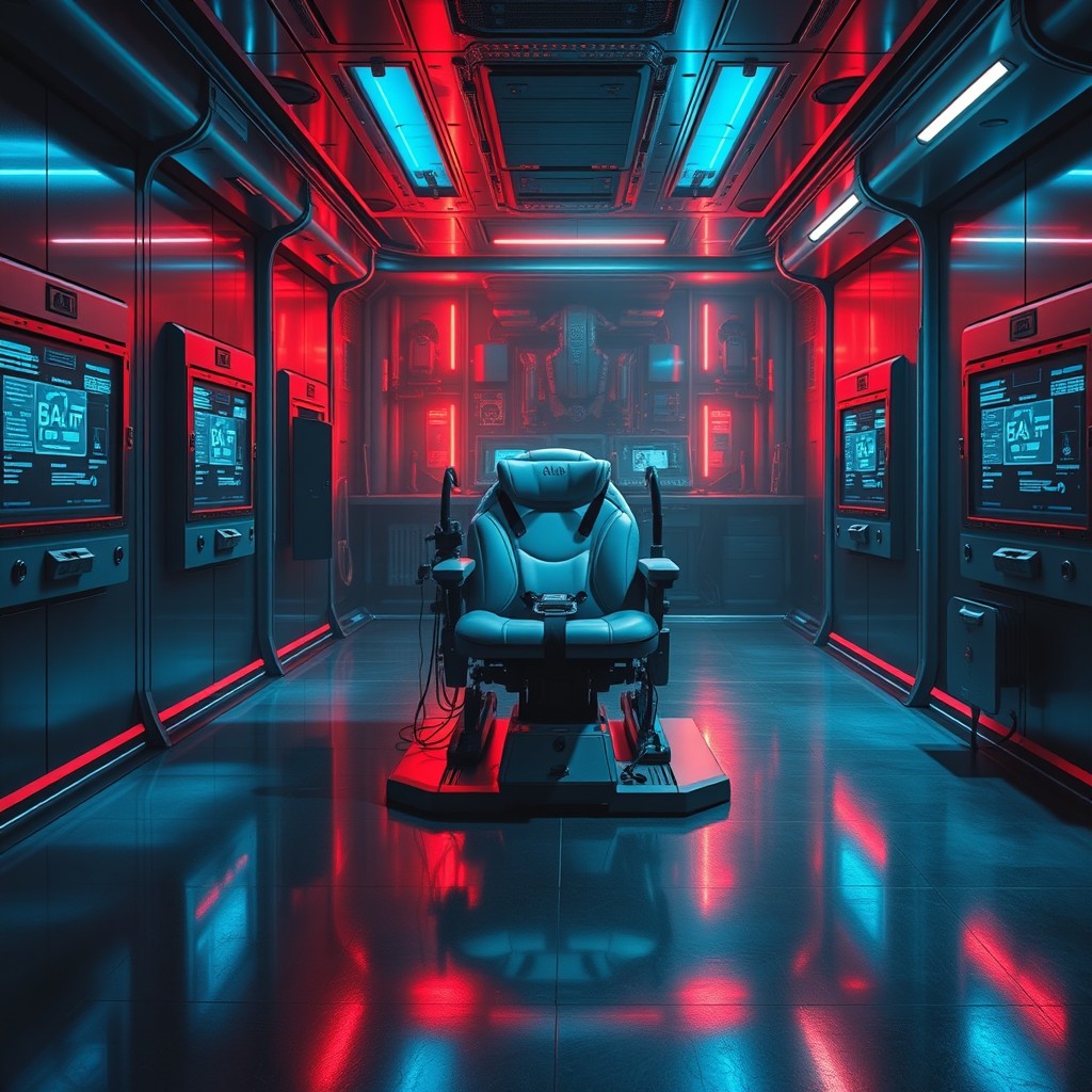 A detailed and imaginative depiction of a futuristic, high-tech torture cell, featuring sleek metallic walls with integrated screens displaying digital interfaces