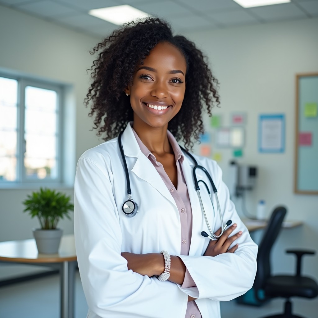 A female doctor with black skin, wearing a white lab coat and a stethoscope around her neck