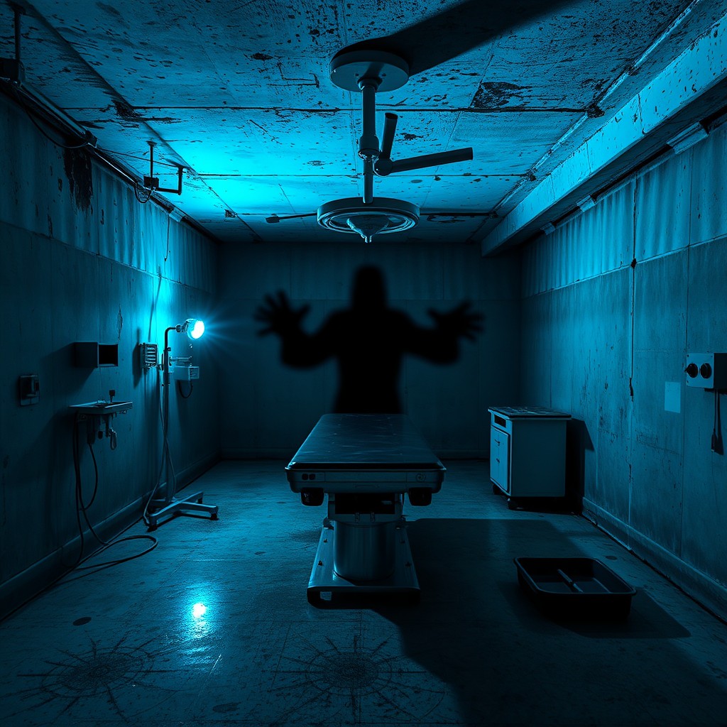 A chilling underground hospital operating room, featuring a metallic operating table at the center