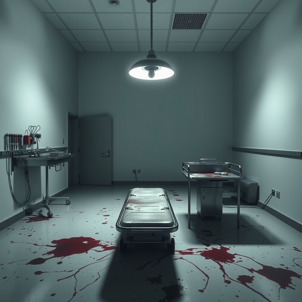 A dimly lit hospital room with stark white walls, creating a haunting atmosphere
