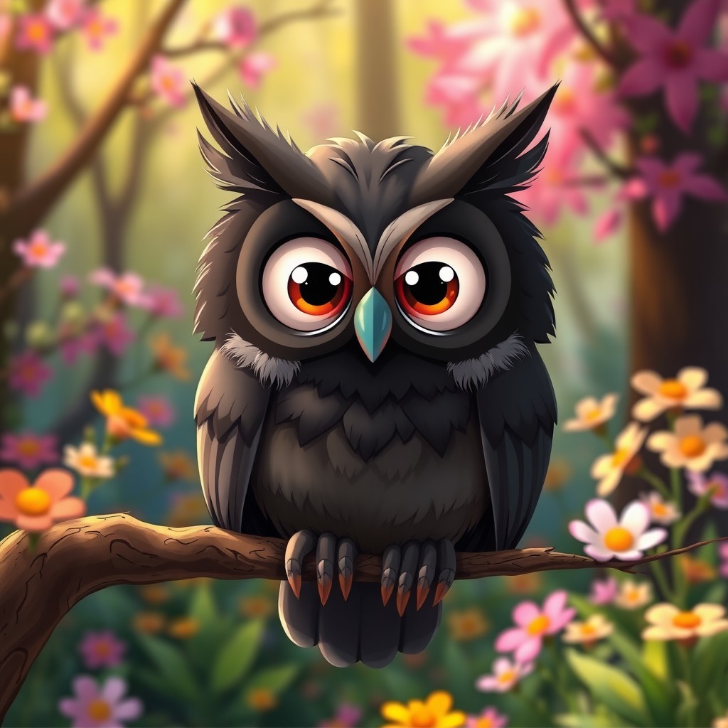 A cute, cartoonish owl with big, expressive eyes, perched on a branch against a vibrant forest background