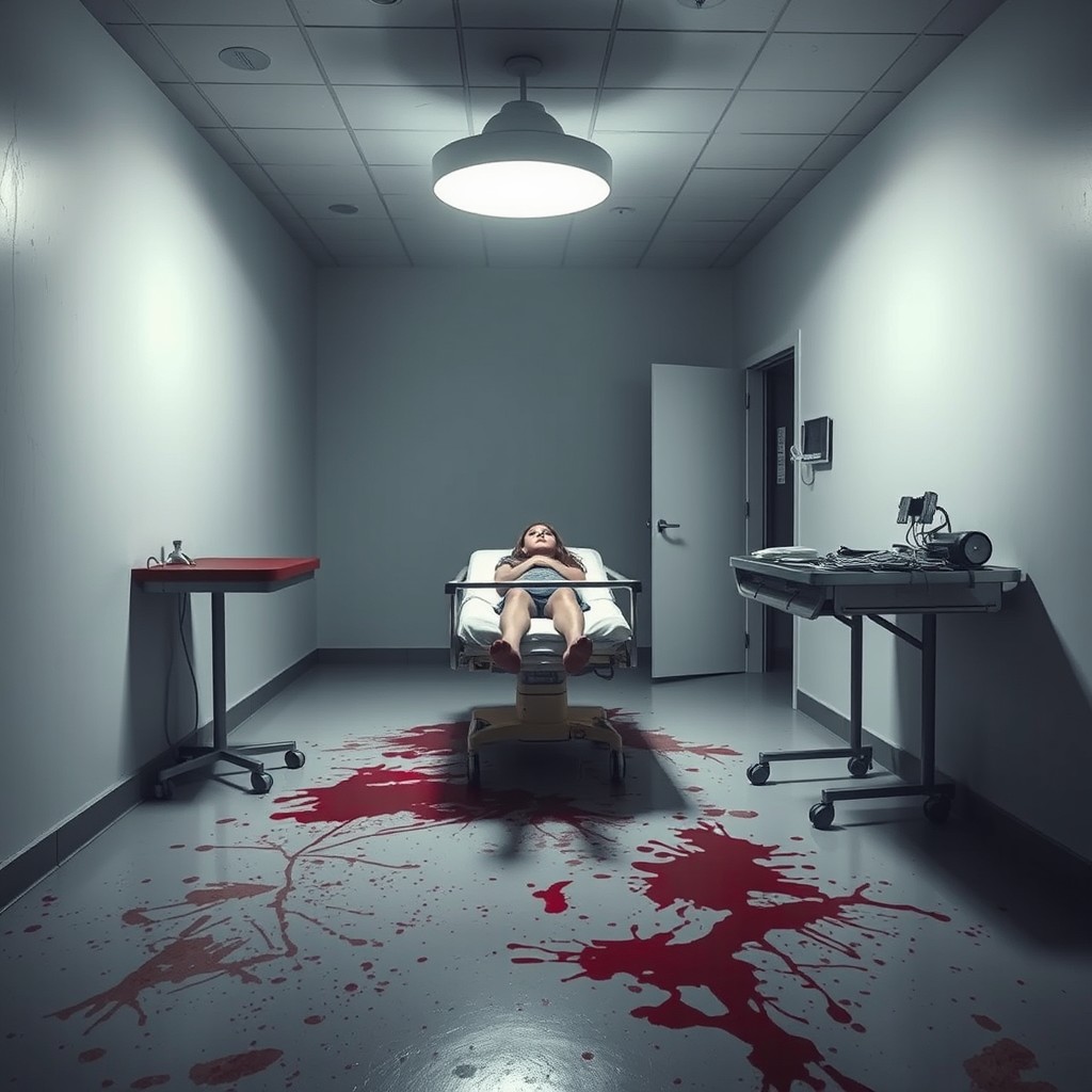 A dimly lit hospital room featuring stark white walls