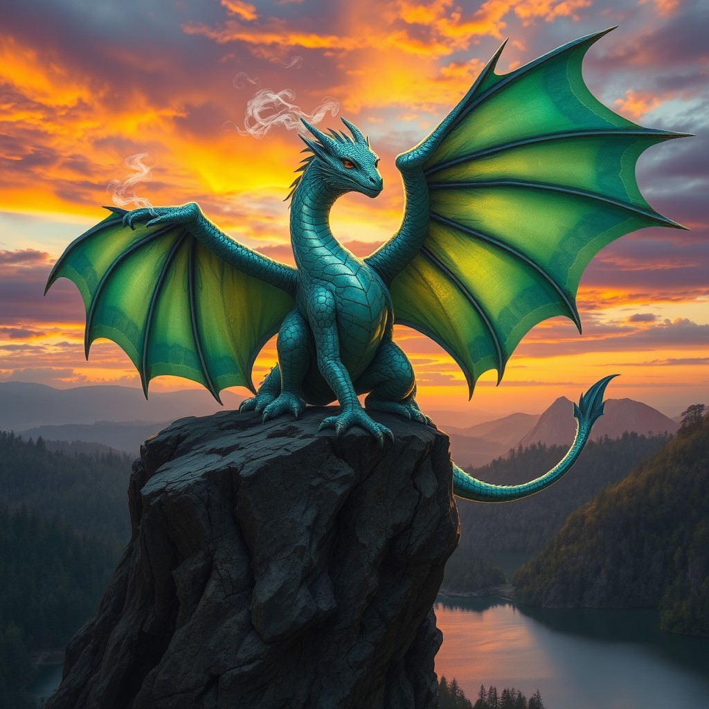 A fantastical dragon creature, with iridescent scales that shimmer in hues of green and blue under the light, poised majestically atop a rocky cliff