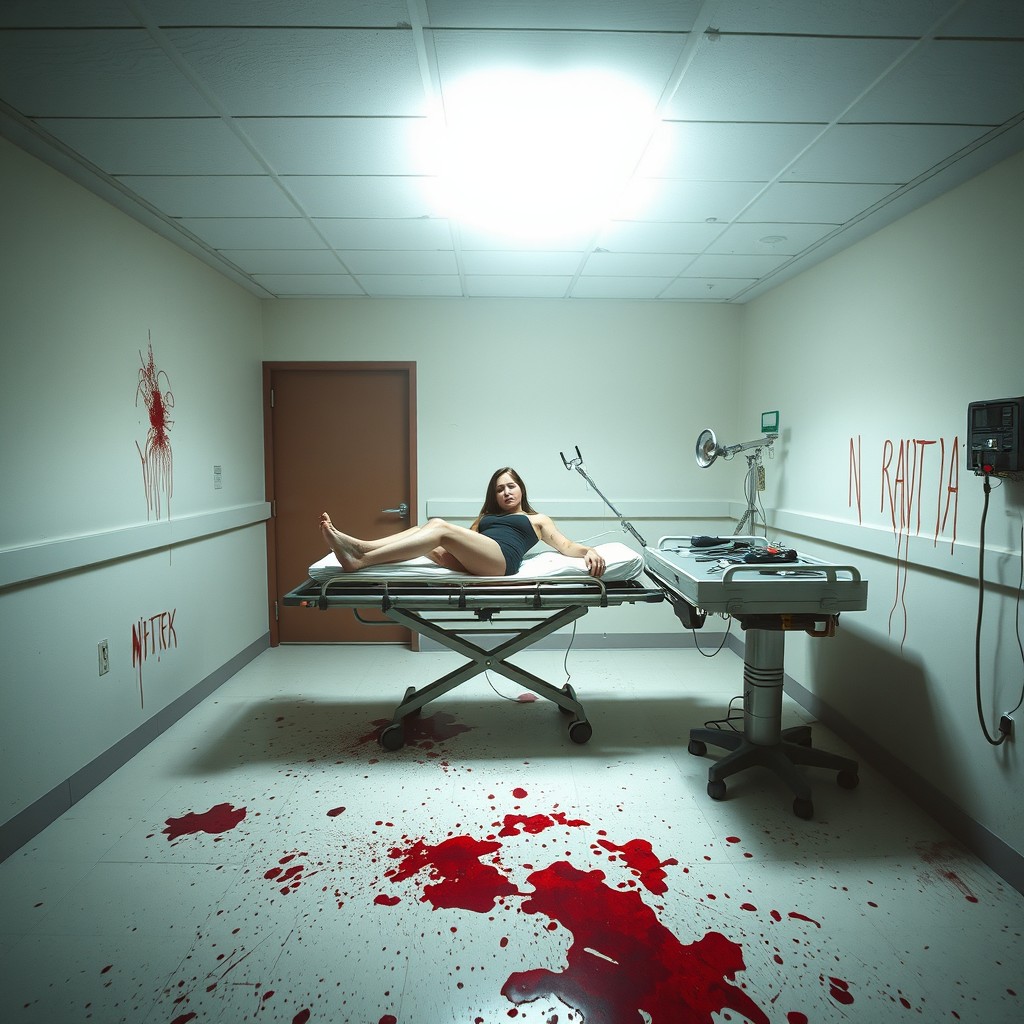 A dimly lit hospital room with stark white walls